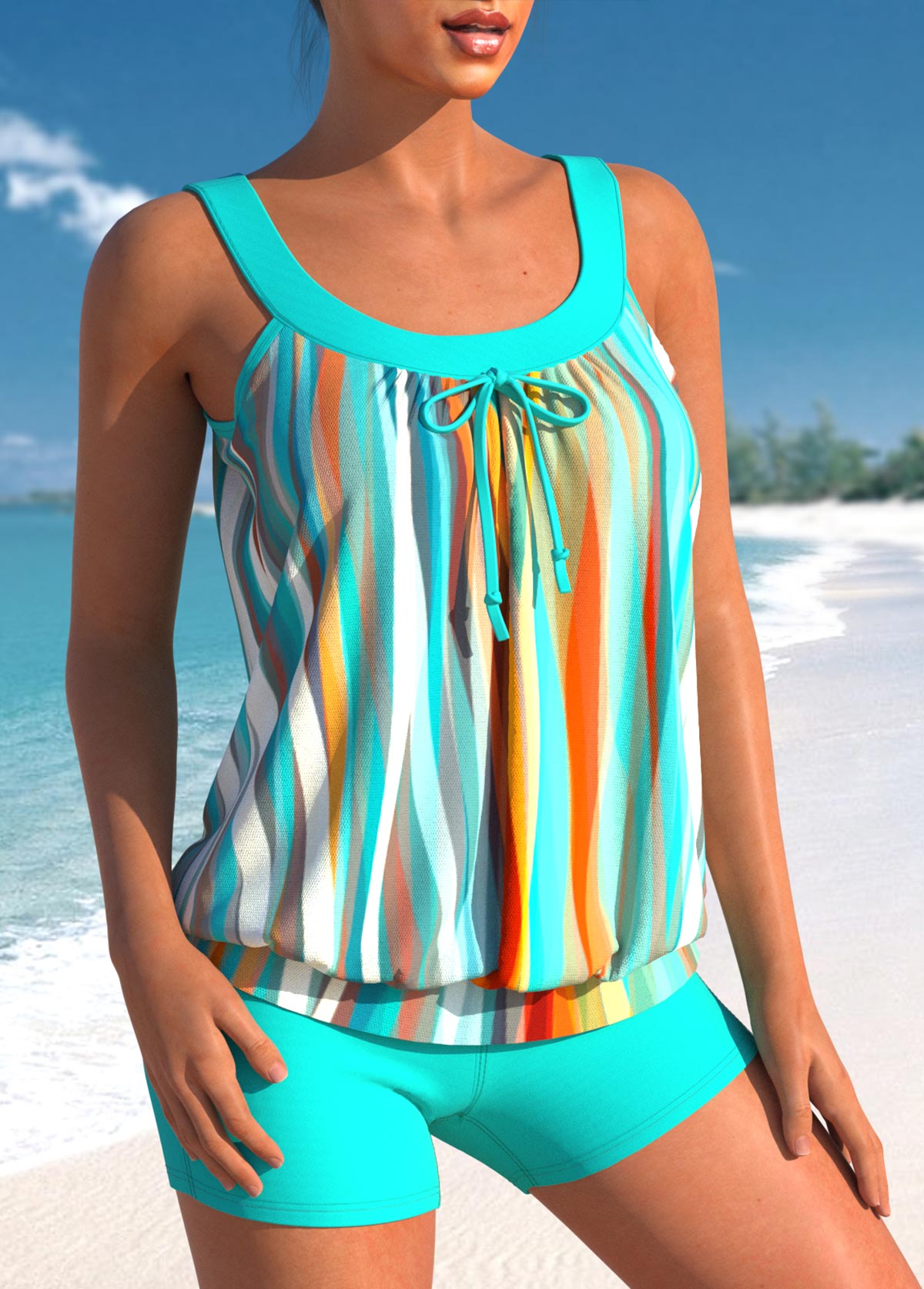 Cyan swimwear,Striped swimwear,ROTITA Striped Cyan Bowknot Blouson Tankini Set