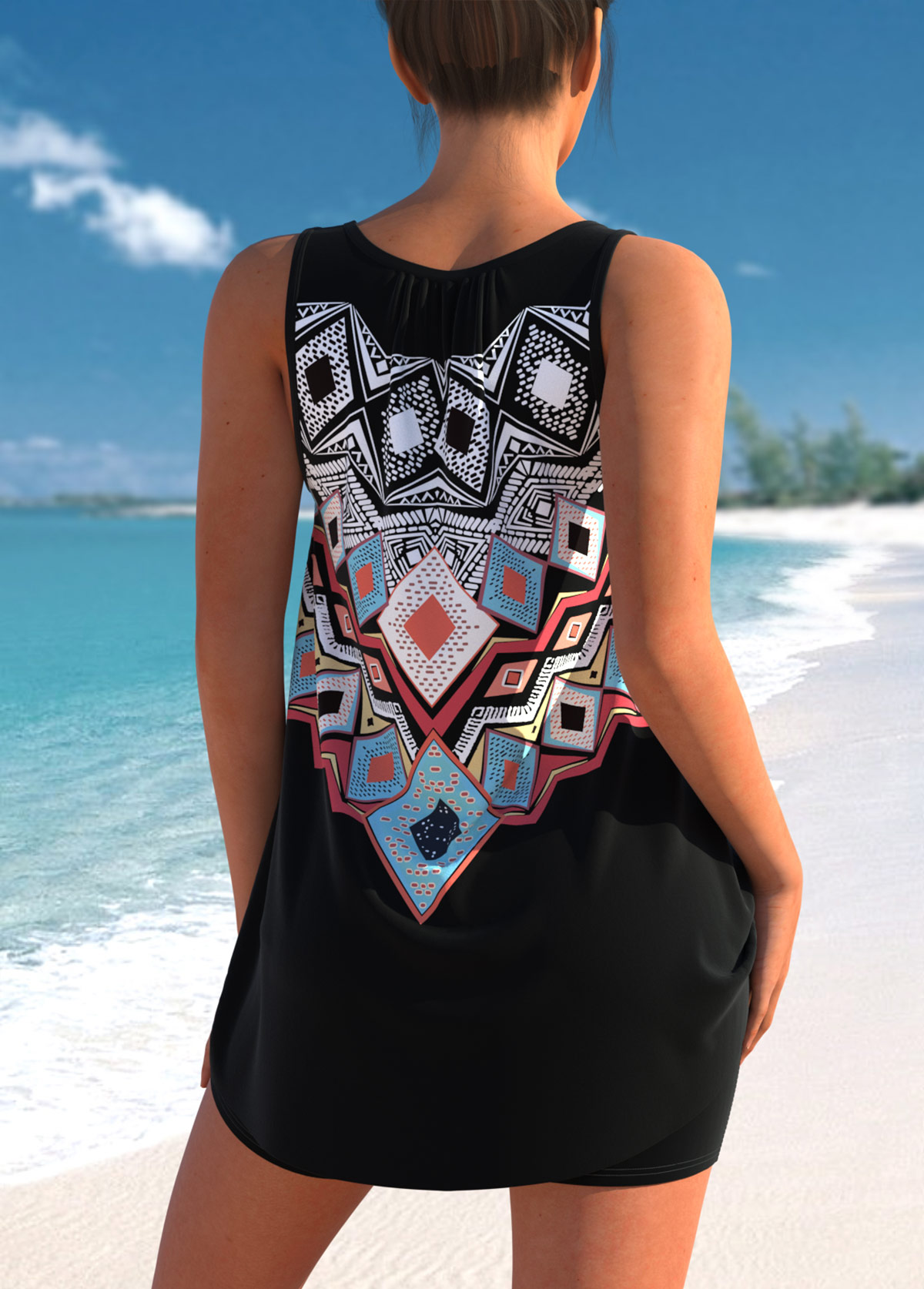 Black swimwear,Tribal swimwear,ROTITA Tribal Print Bowknot Black Tankini Top