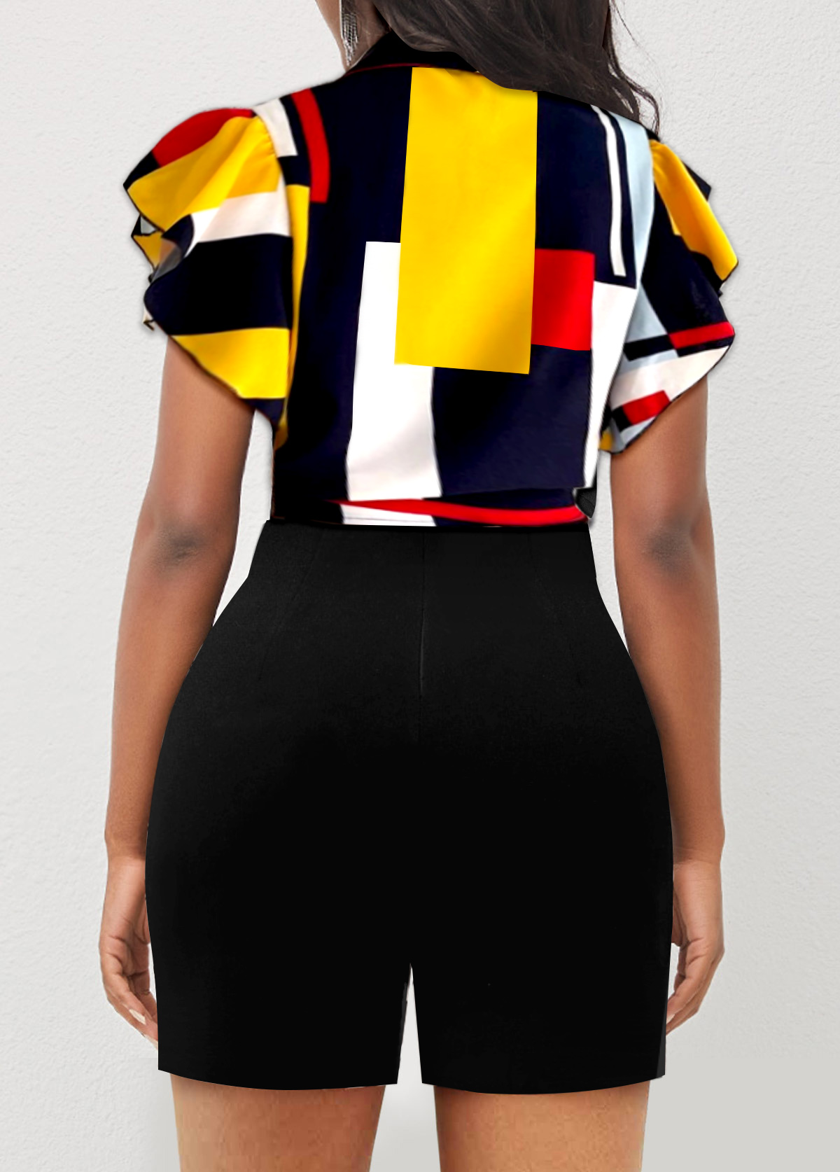 Black jumpsuits & rompers,Geometric jumpsuits & rompers,ROTITA Geometric Print Tie Front Ruffle Sleeve Black Romper