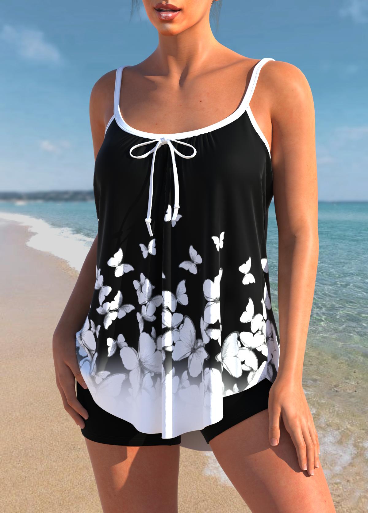 Black swimwear,Animal Print swimwear,ROTITA Bowknot Butterfly Print Black Tankini Top