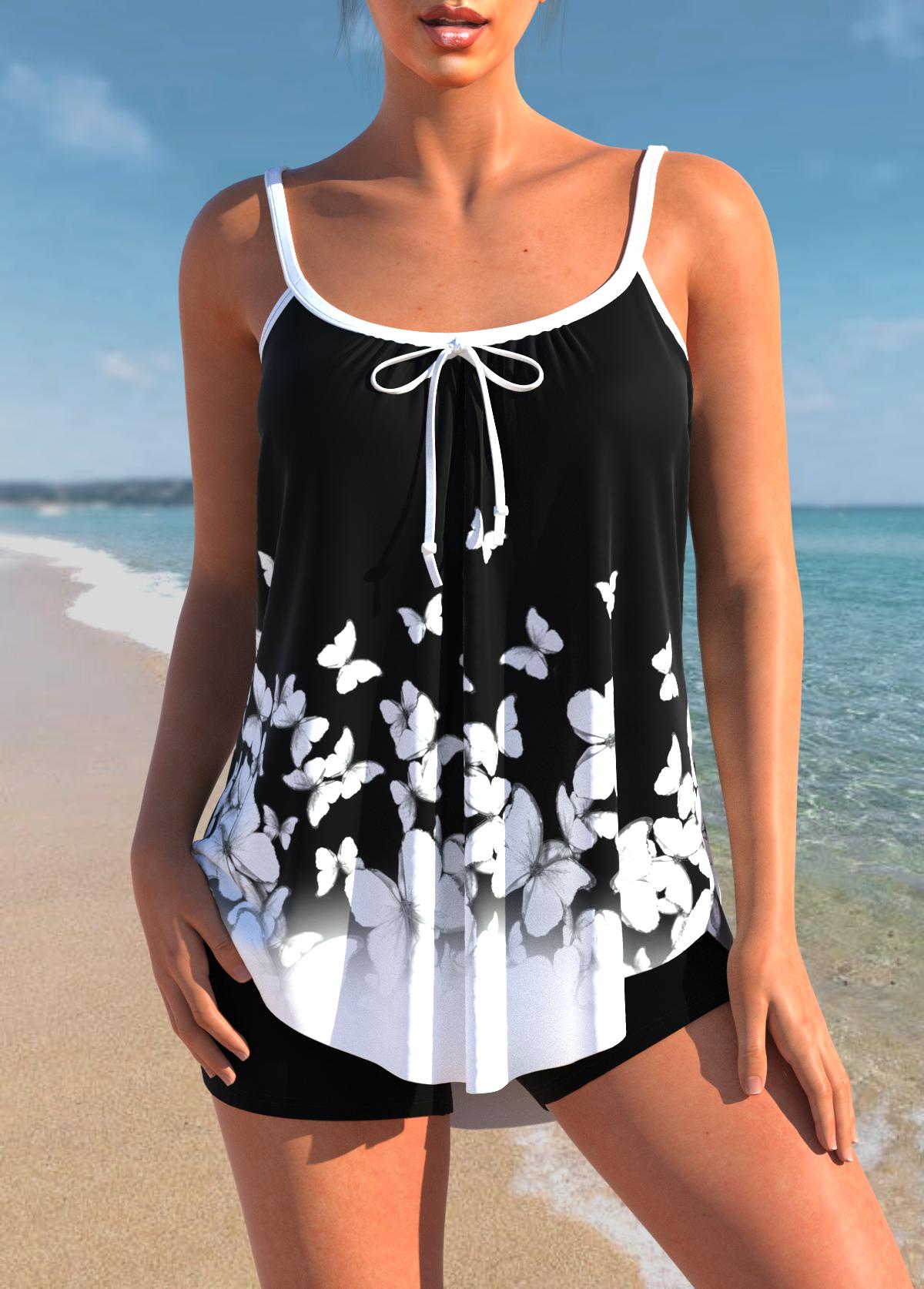 Black swimwear,Animal Print swimwear,ROTITA Bowknot Butterfly Print Black Tankini Top