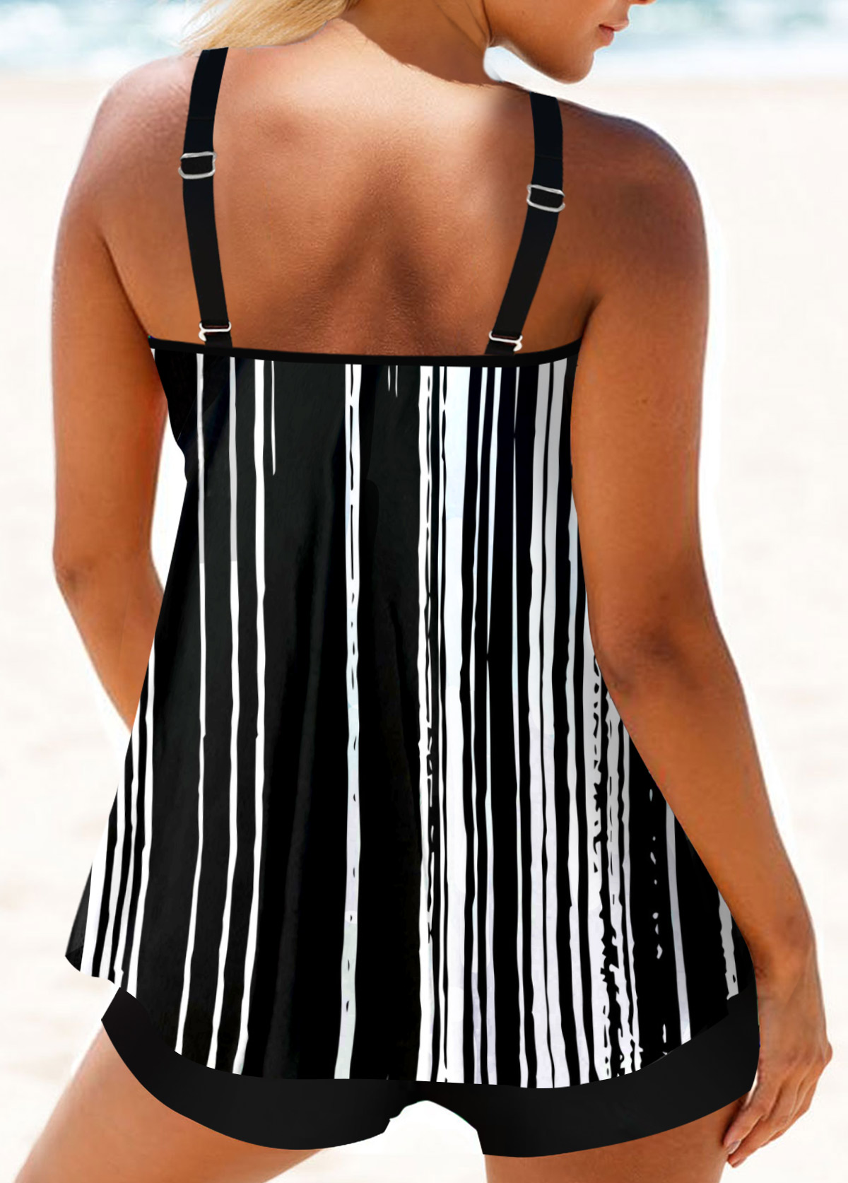 Black swimwear,Striped swimwear,ROTITA Striped Double Straps Black Tankini Top