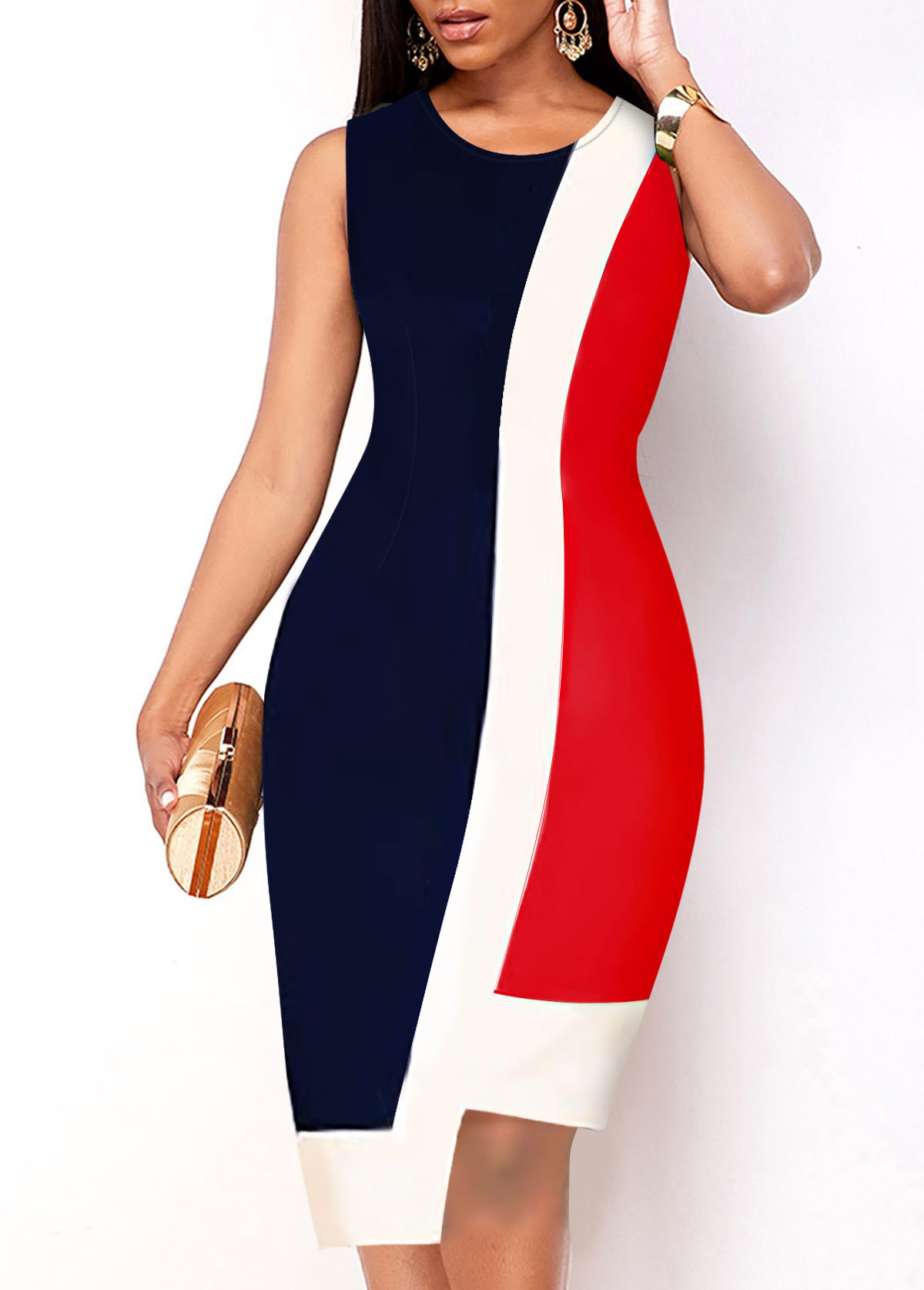 ROTITA Asymmetric Hem Red Sleeveless Contrast Dress