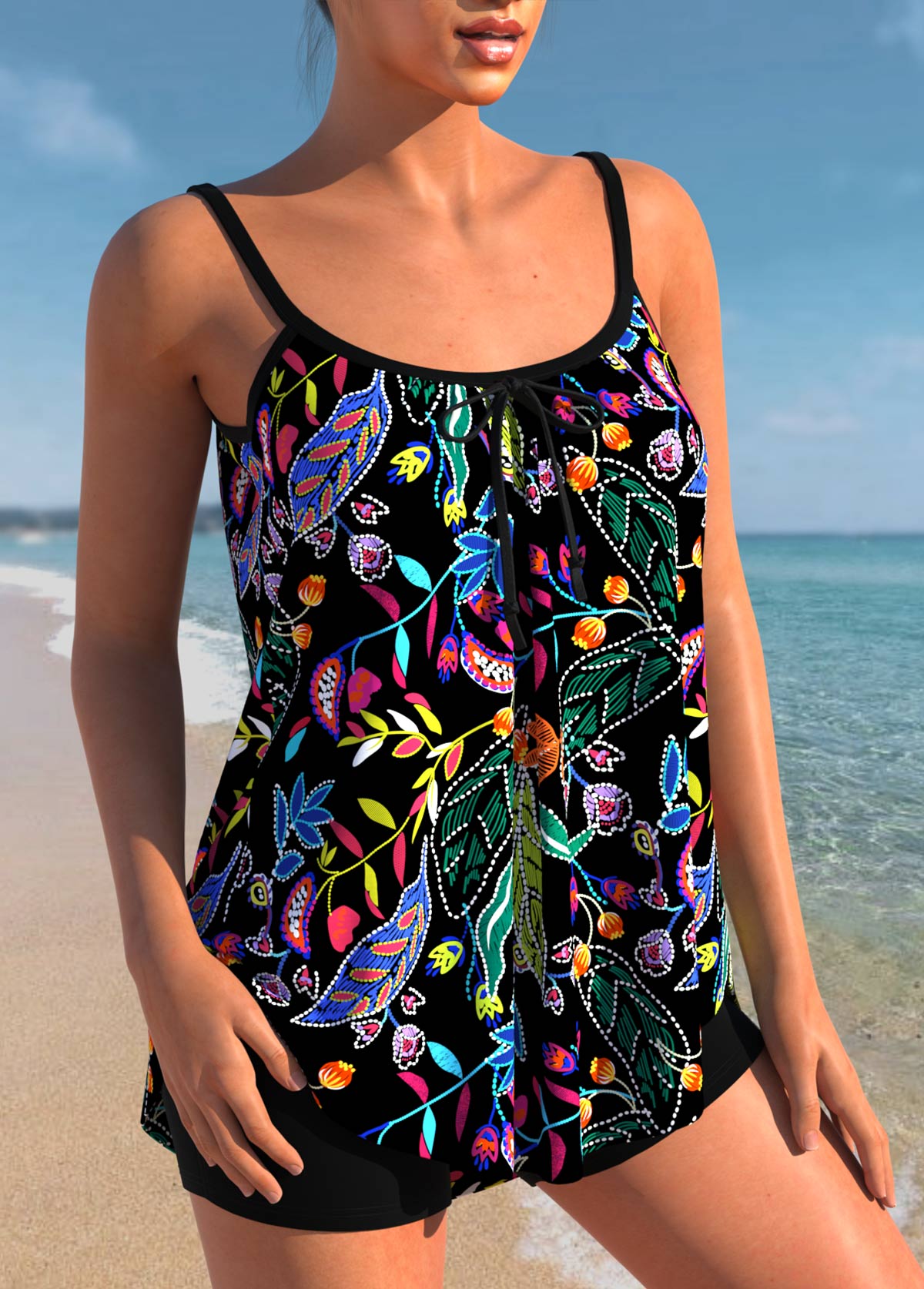 Black plus size,Plants plus size,ROTITA Plus Size Leaf Print Black Tankini Top