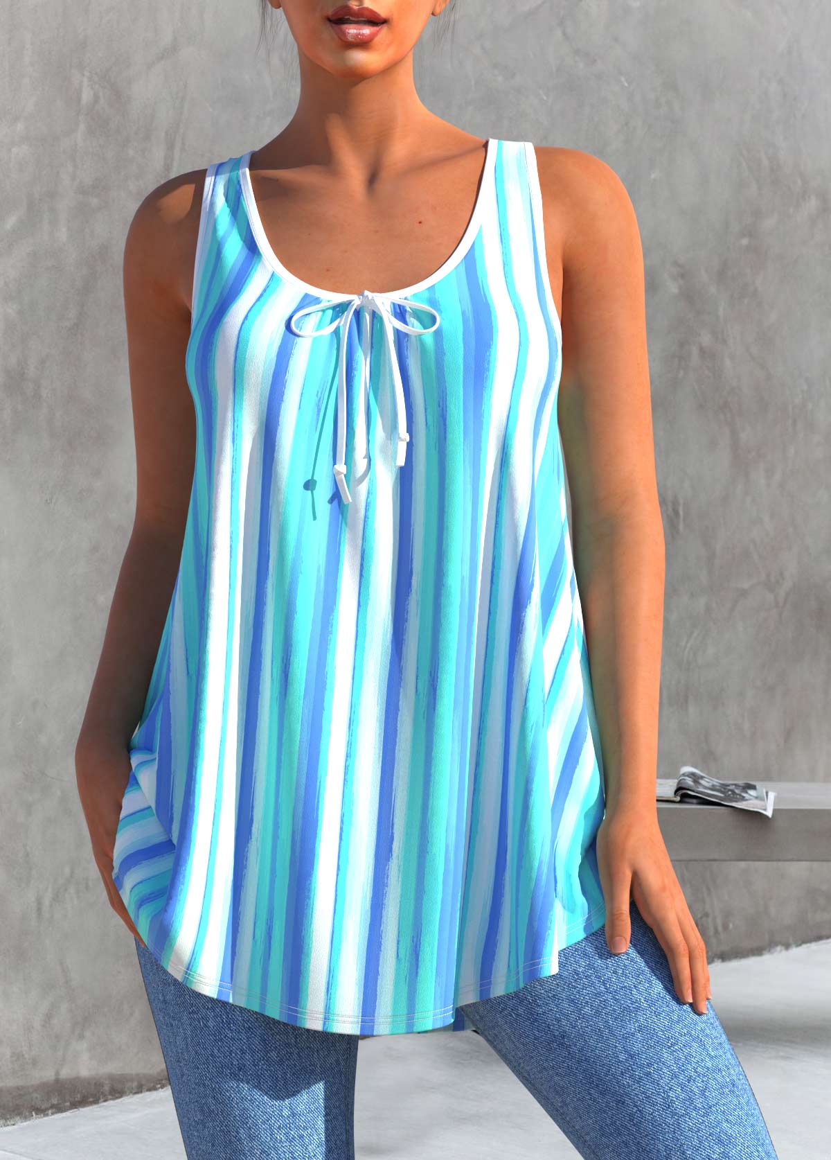 Light Blue tops,Striped tops,ROTITA Striped Sky Blue Bowknot Tank Top