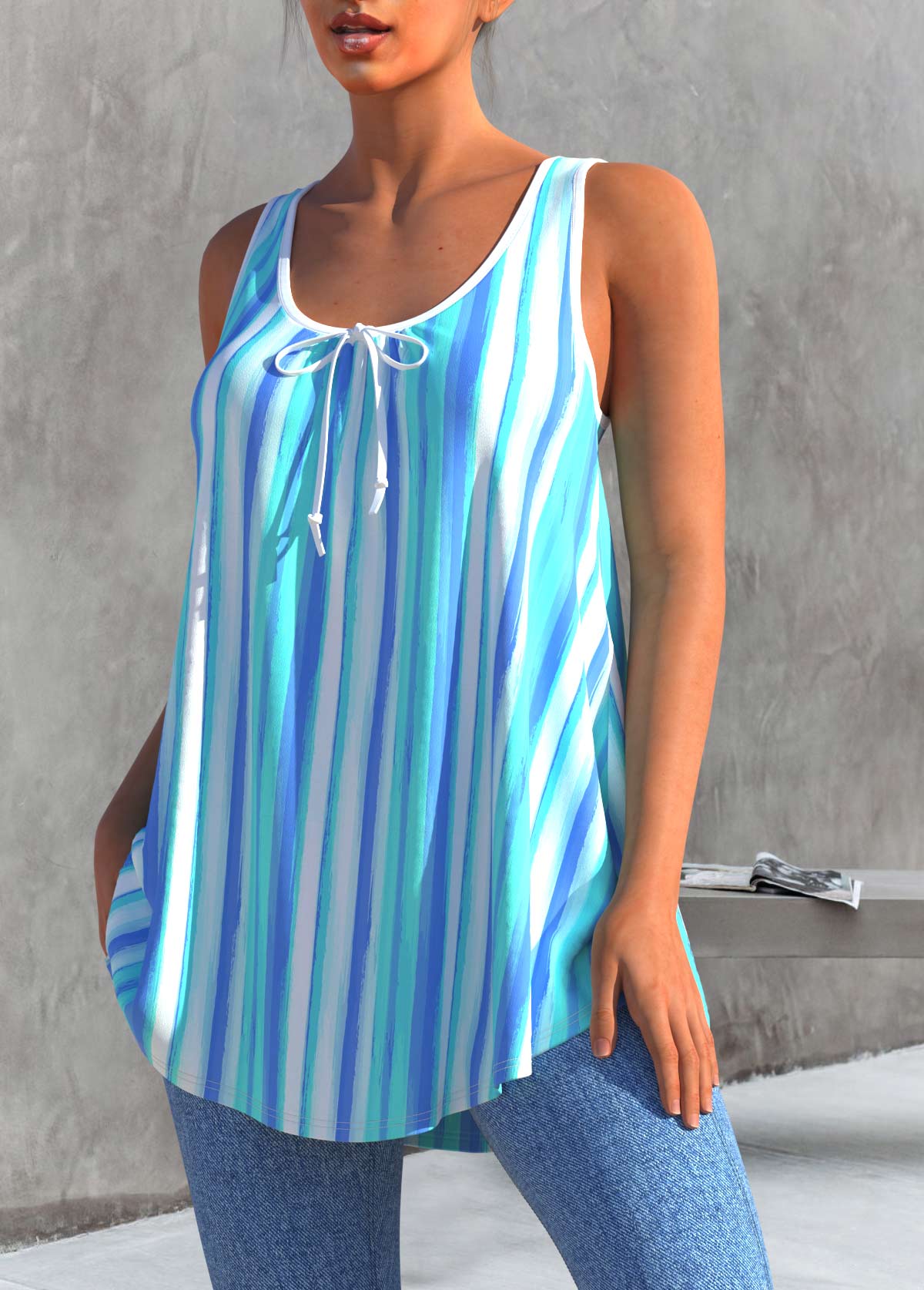 Light Blue tops,Striped tops,ROTITA Striped Sky Blue Bowknot Tank Top