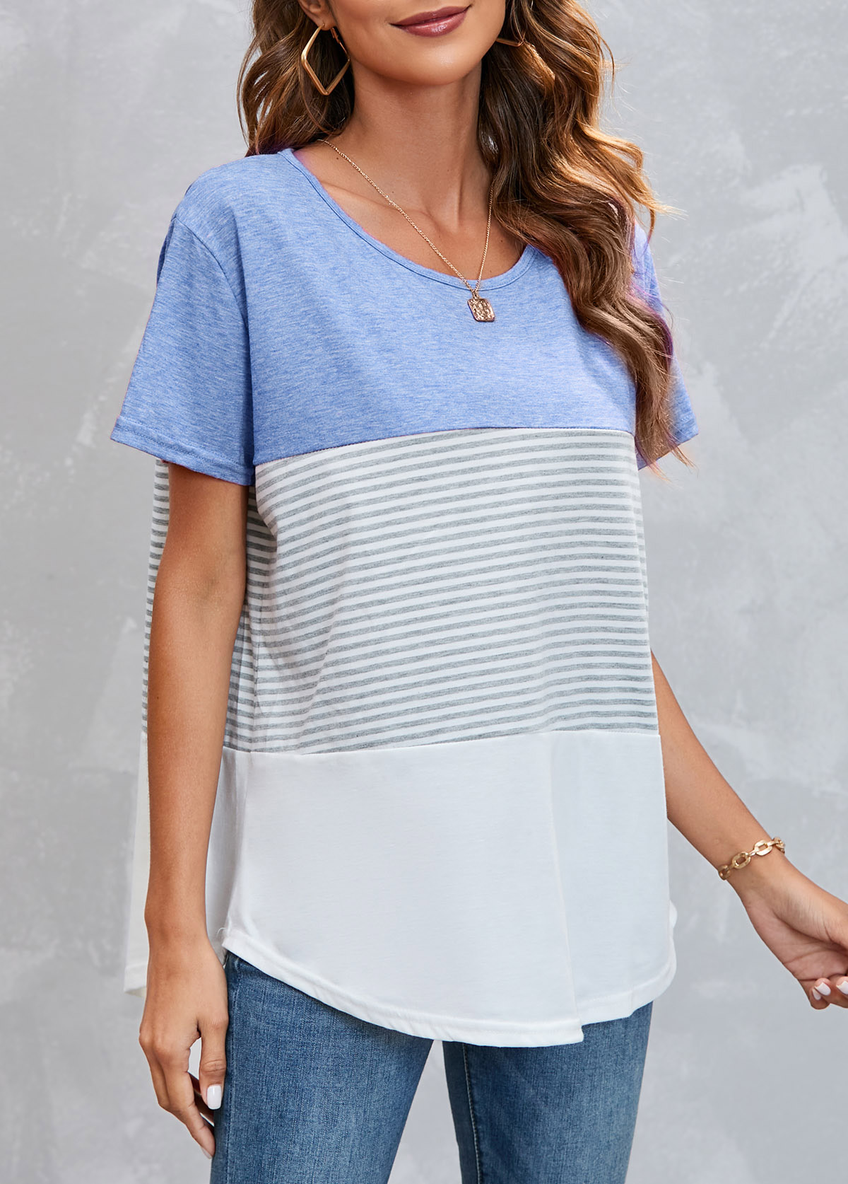 Striped tops,Round Neck Light Blue Striped T Shirt