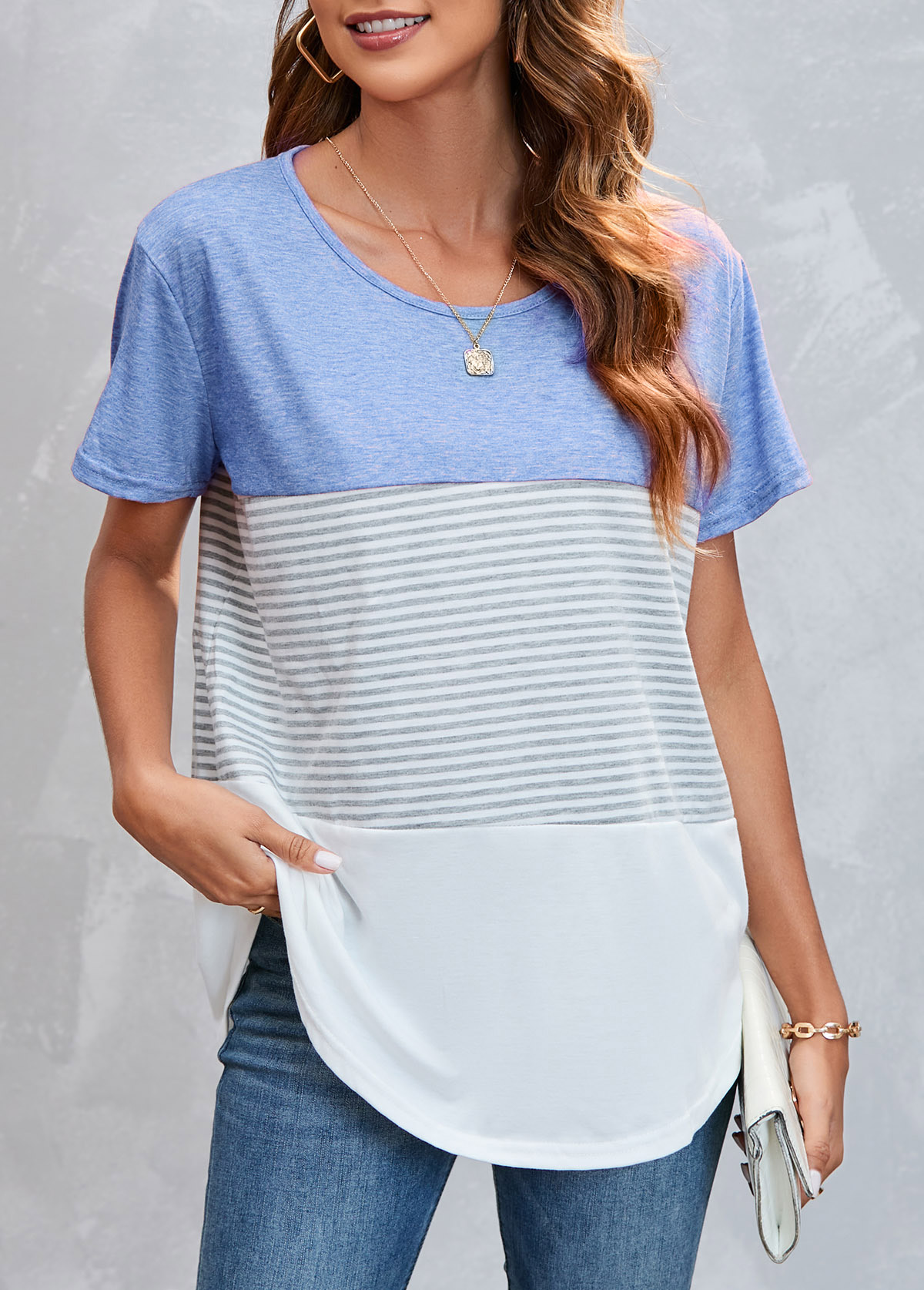 Striped tops,Round Neck Light Blue Striped T Shirt
