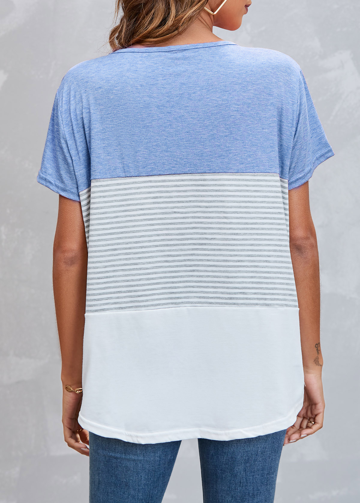 Striped tops,Round Neck Light Blue Striped T Shirt