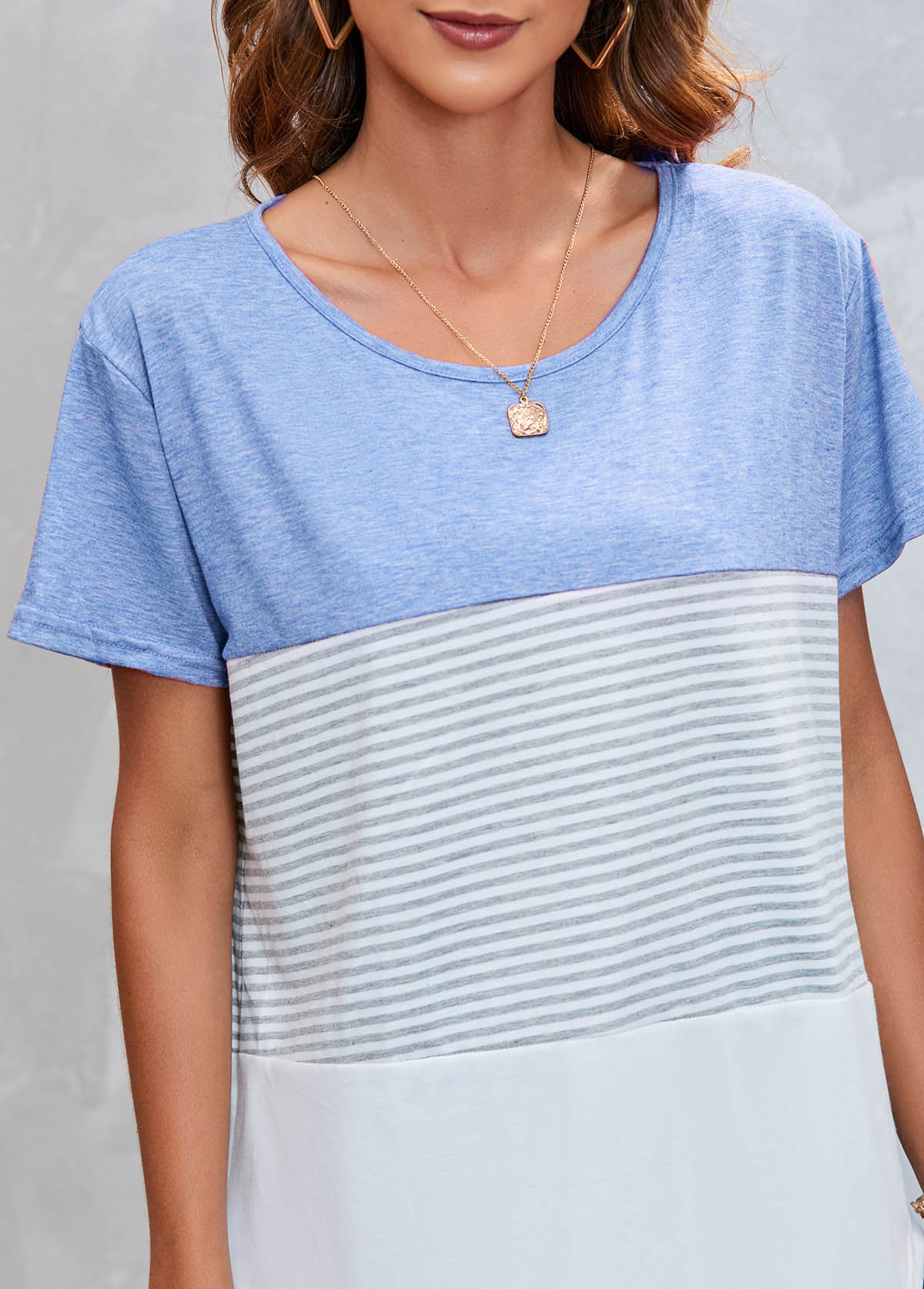 Striped tops,Round Neck Light Blue Striped T Shirt