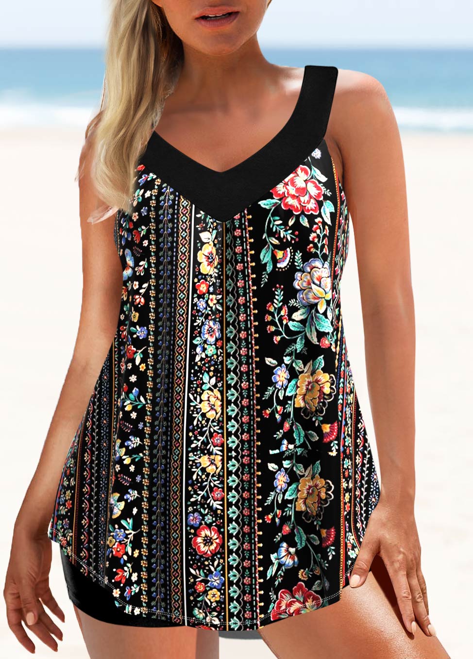 Black swimwear,Plants swimwear,ROTITA Floral Print Black Wide Strap Tankini Top