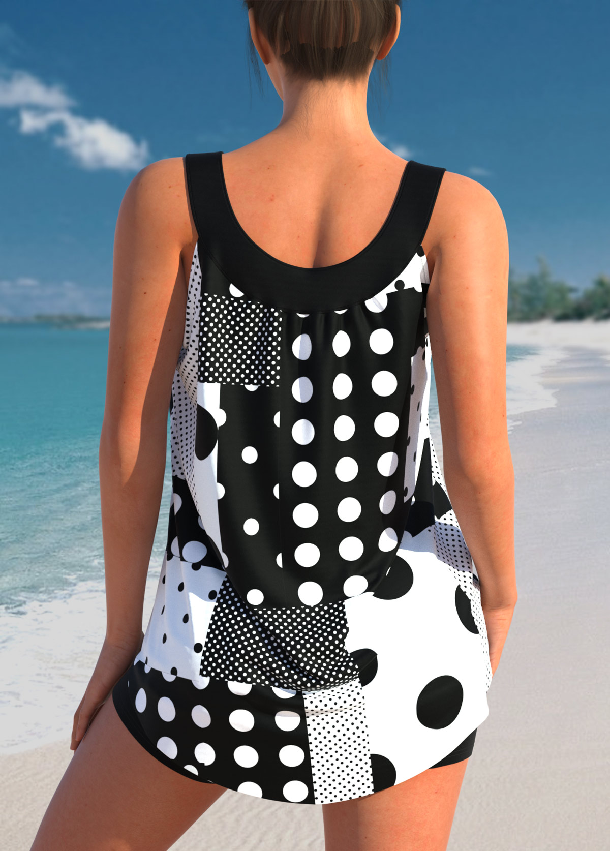 Black swimwear,Dot swimwear,ROTITA Geometric Print Polka Dot Black Tankini Top