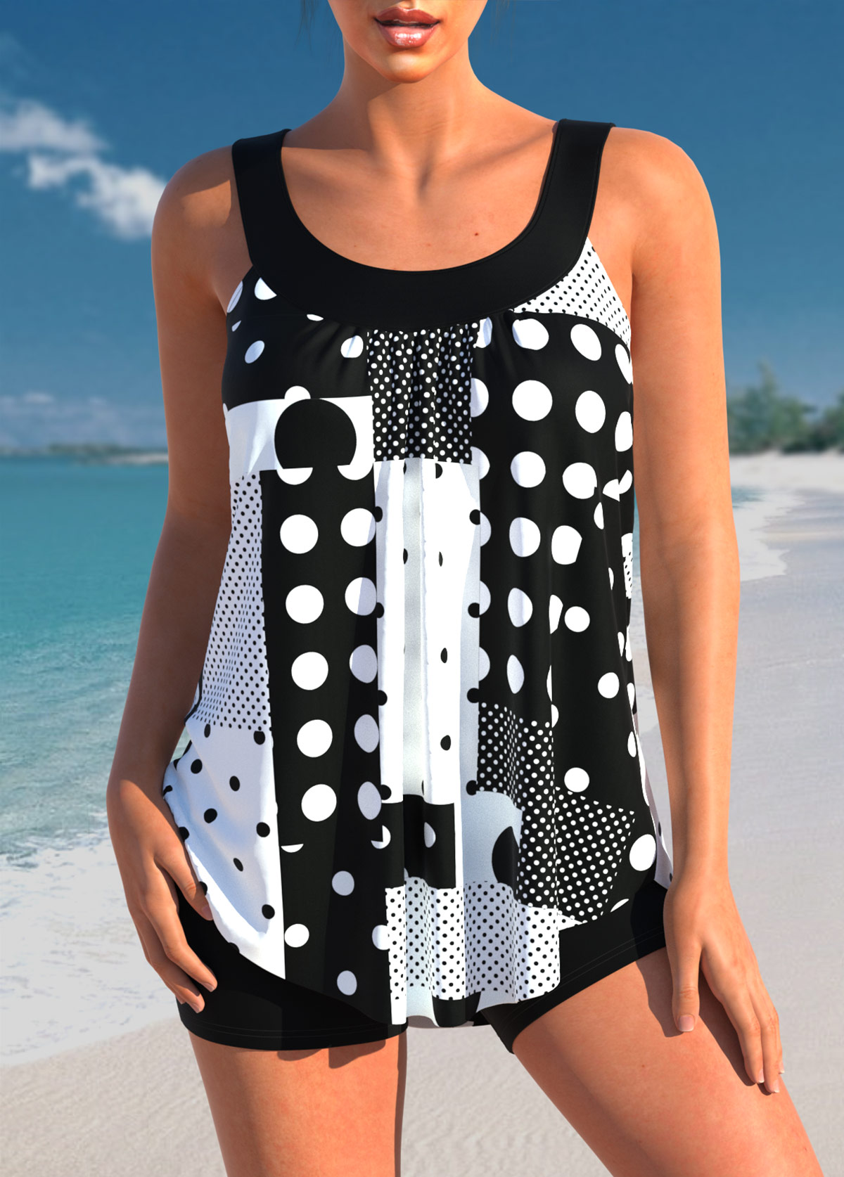 Black swimwear,Dot swimwear,ROTITA Geometric Print Polka Dot Black Tankini Top