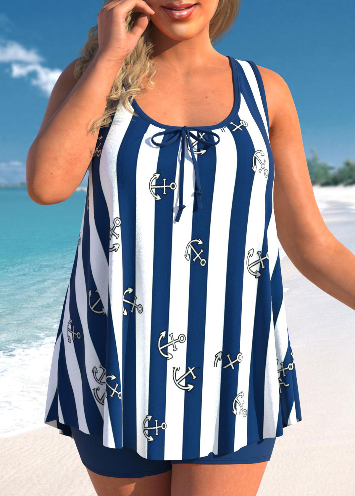 ROTITA Striped Navy Blue Plus Size Bowknot Tankini Top-No Bottom