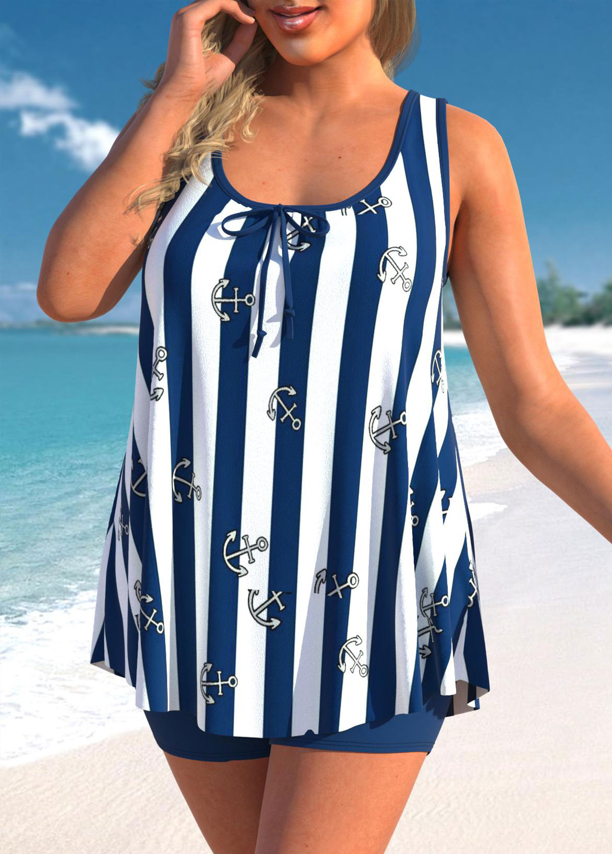 Navy plus size,Striped plus size,ROTITA Striped Navy Blue Plus Size Bowknot Tankini Top