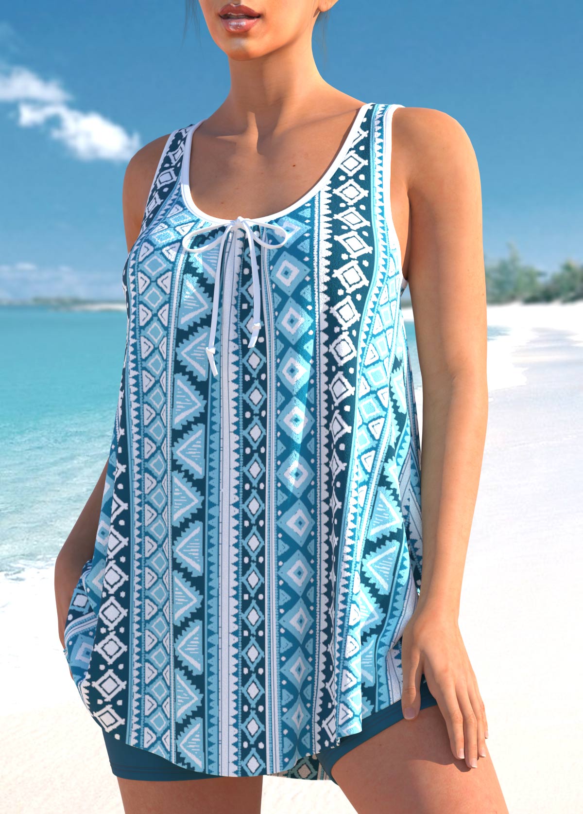Light Blue swimwear,Tribal swimwear,ROTITA Geometric Print Bowknot Sky Blue Tankini Set