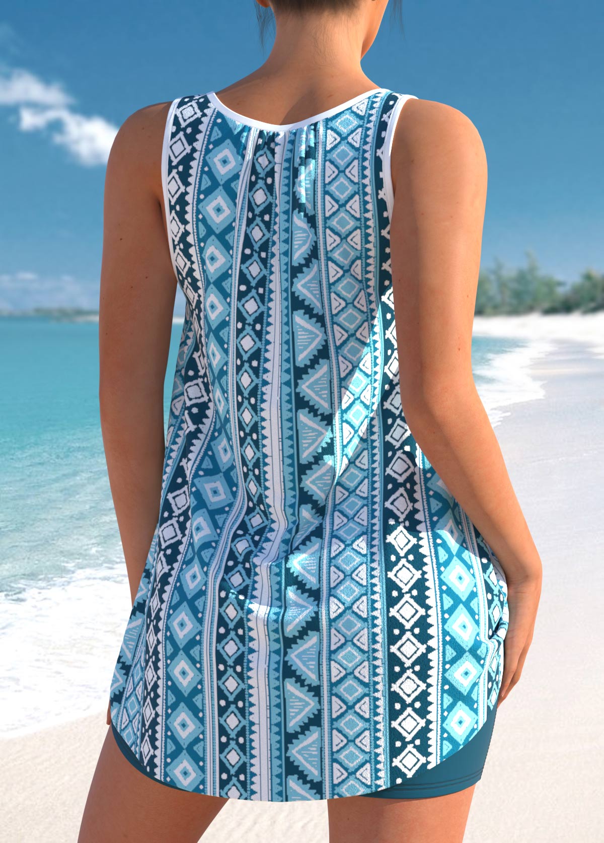 Light Blue swimwear,Tribal swimwear,ROTITA Geometric Print Bowknot Sky Blue Tankini Set