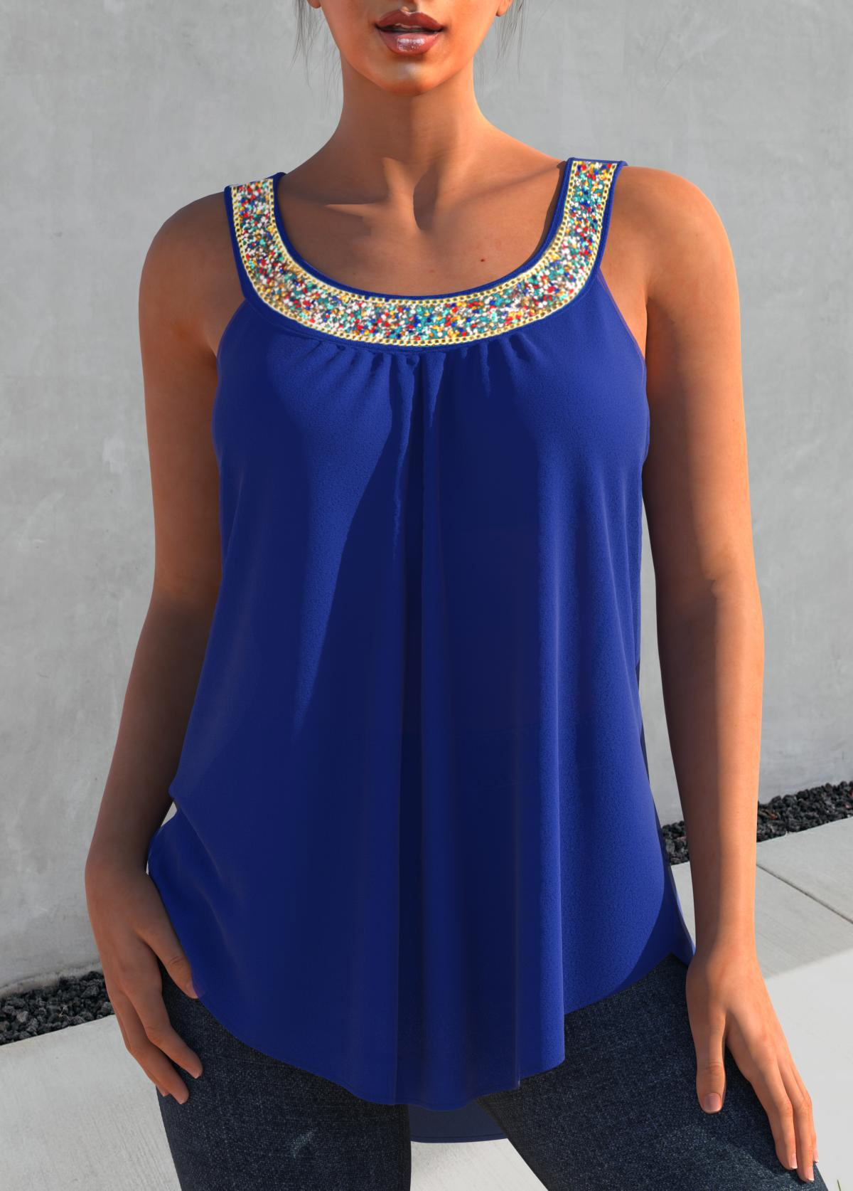 Royal Blue tops,Plain Color tops,ROTITA Hot Drilling Royal Blue Wide Strap Tank Top