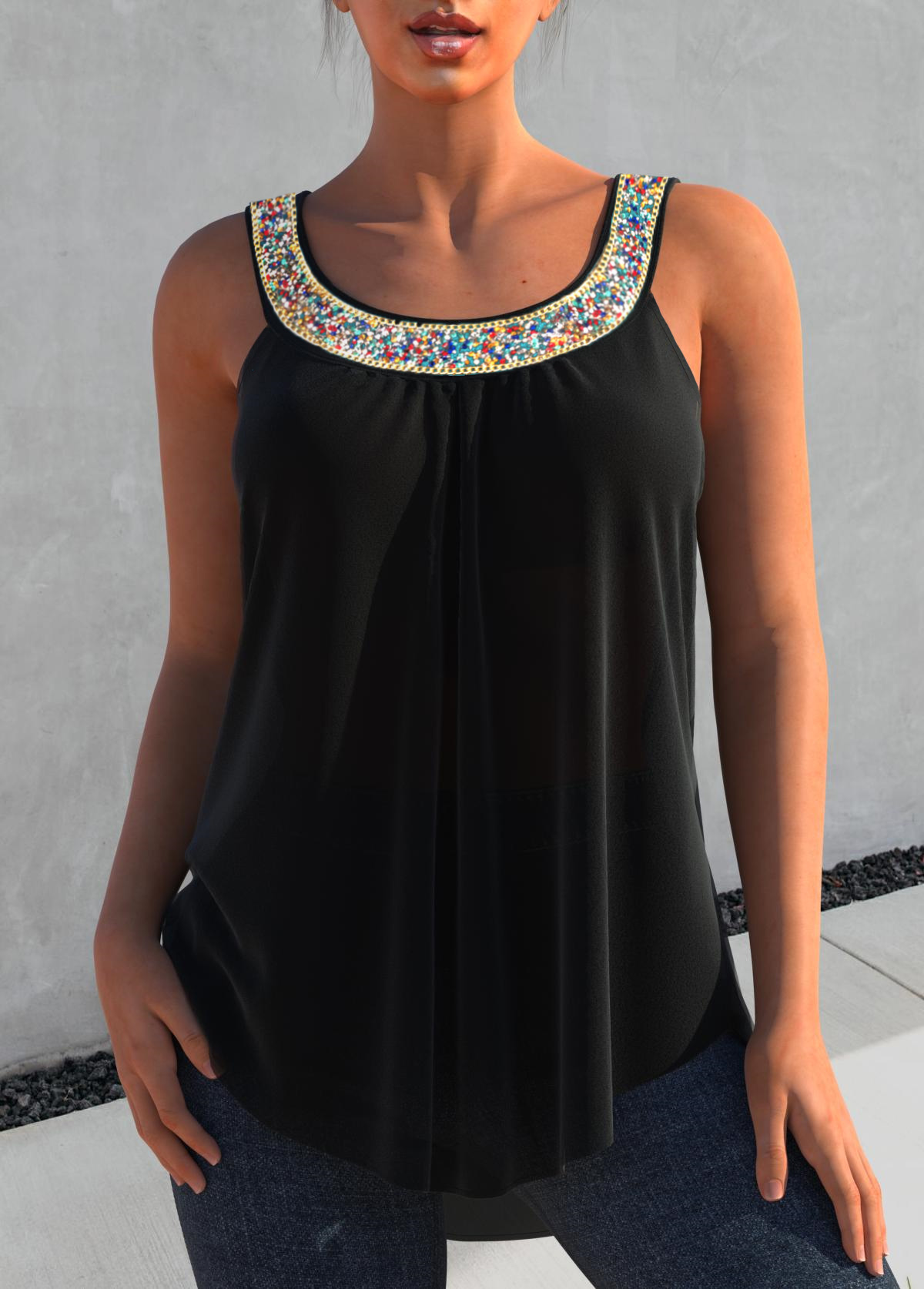 Black tops,Plain Color tops,ROTITA Hot Drilling Black Wide Strap Tank Top