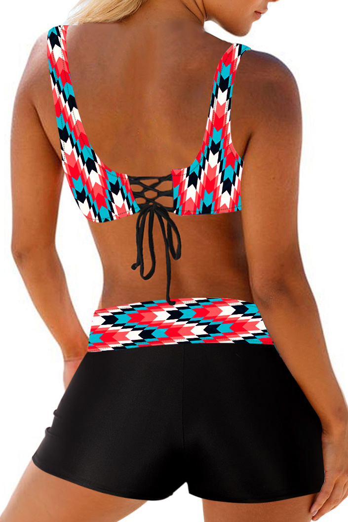 Geometric swimwear,ROTITA Geometric Print Color Block Front Cross Bikini Set
