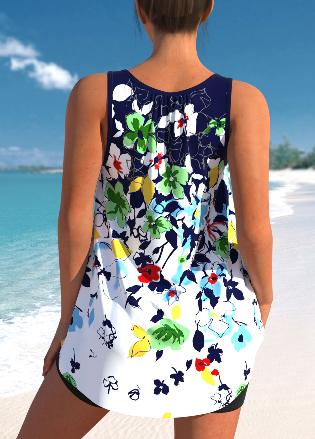 Multi Color swimwear,Floral swimwear,ROTITA Floral Print Bowknot Multi Color Tankini Top