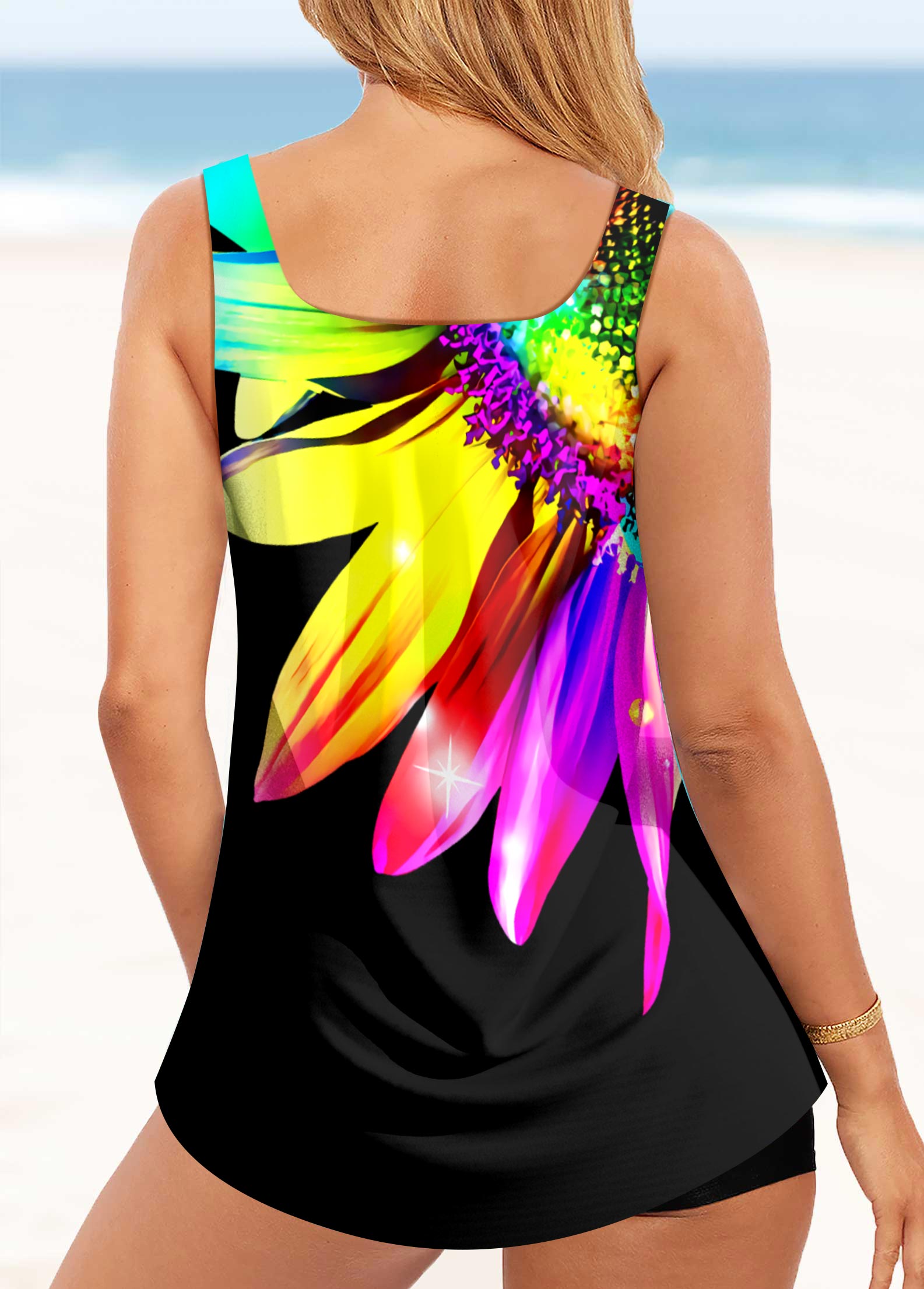 Multi Color swimwear,Floral swimwear,ROTITA Wide Strap Sunflower Print Tankini Top