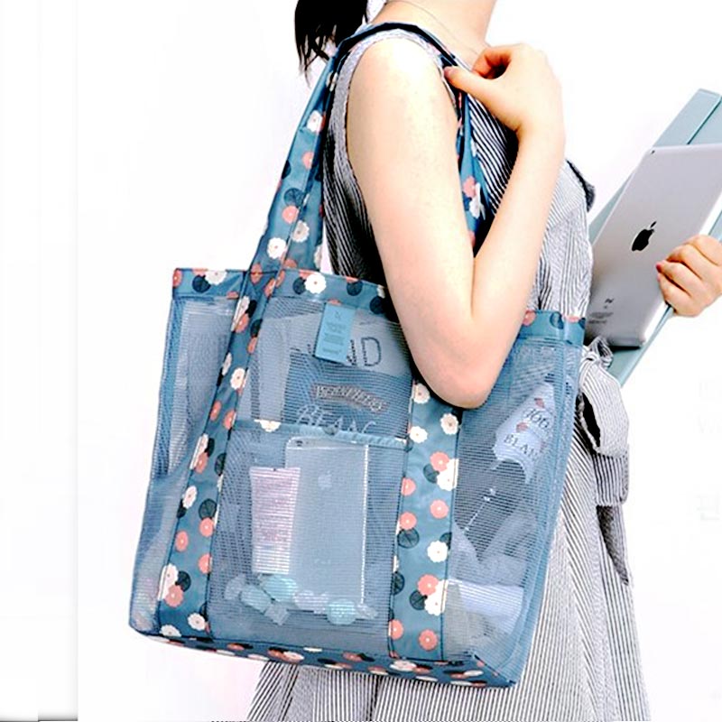 Ditsy Floral Print Dusty Blue Fishnet Panel Beach Bag
