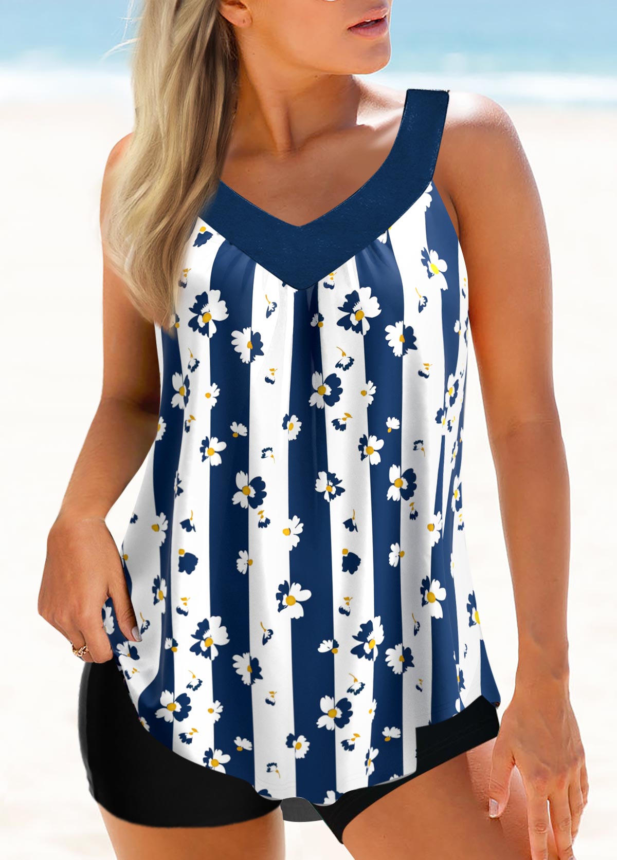 ROTITA Dark Blue Wide Strap Floral Print Tankini Top-No Bottom