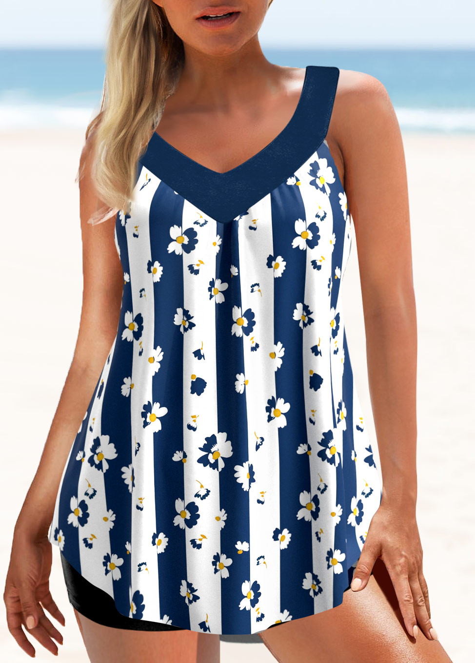 Dark Blue swimwear,Striped swimwear,ROTITA Dark Blue Wide Strap Floral Print Tankini Top