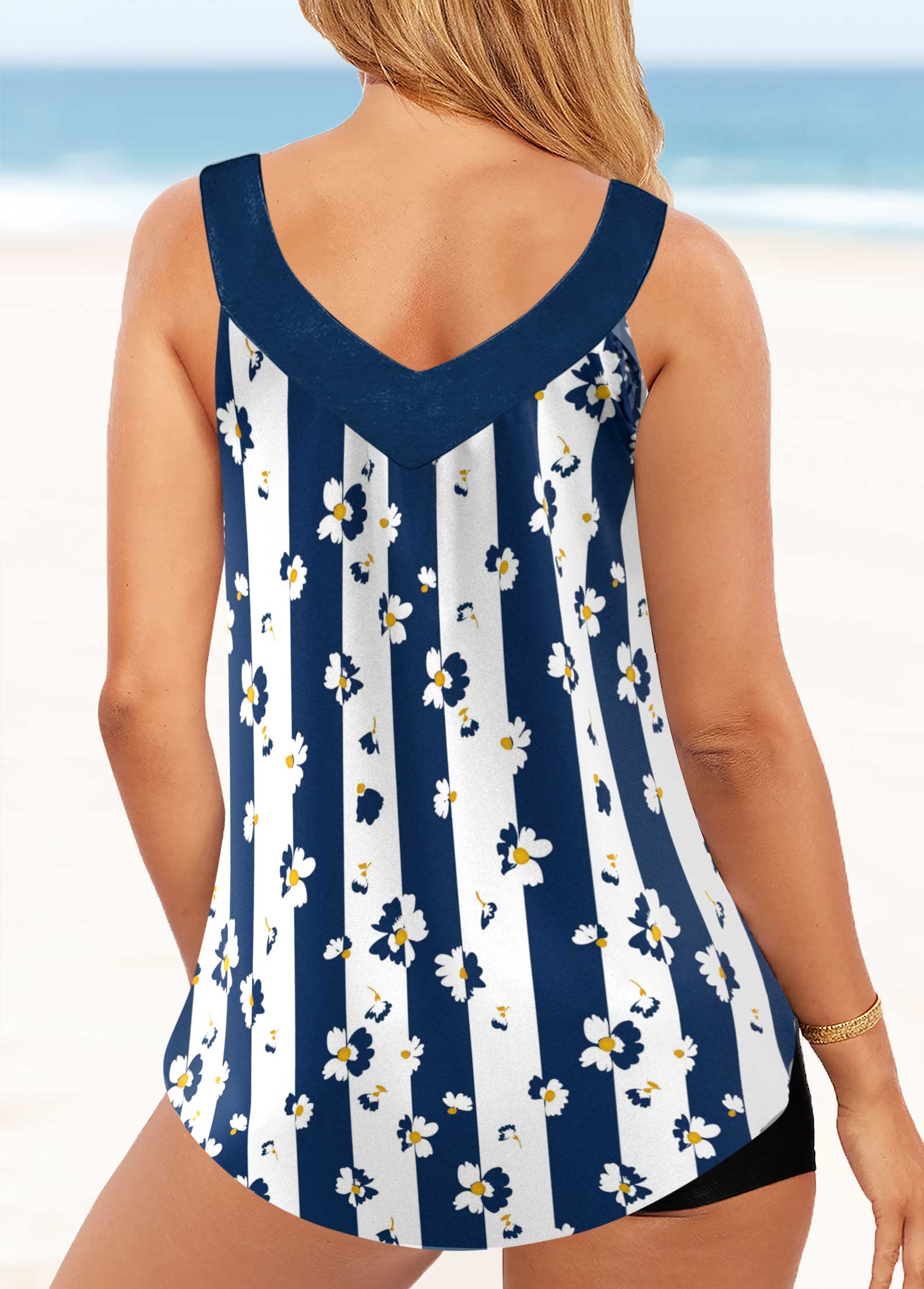 Dark Blue swimwear,Striped swimwear,ROTITA Dark Blue Wide Strap Floral Print Tankini Top