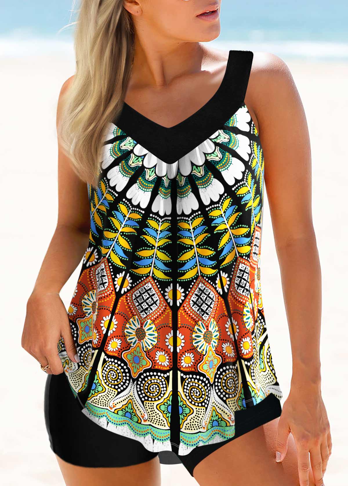 ROTITA Multi Color Wide Strap Tribal Print Tankini Top-No Bottom