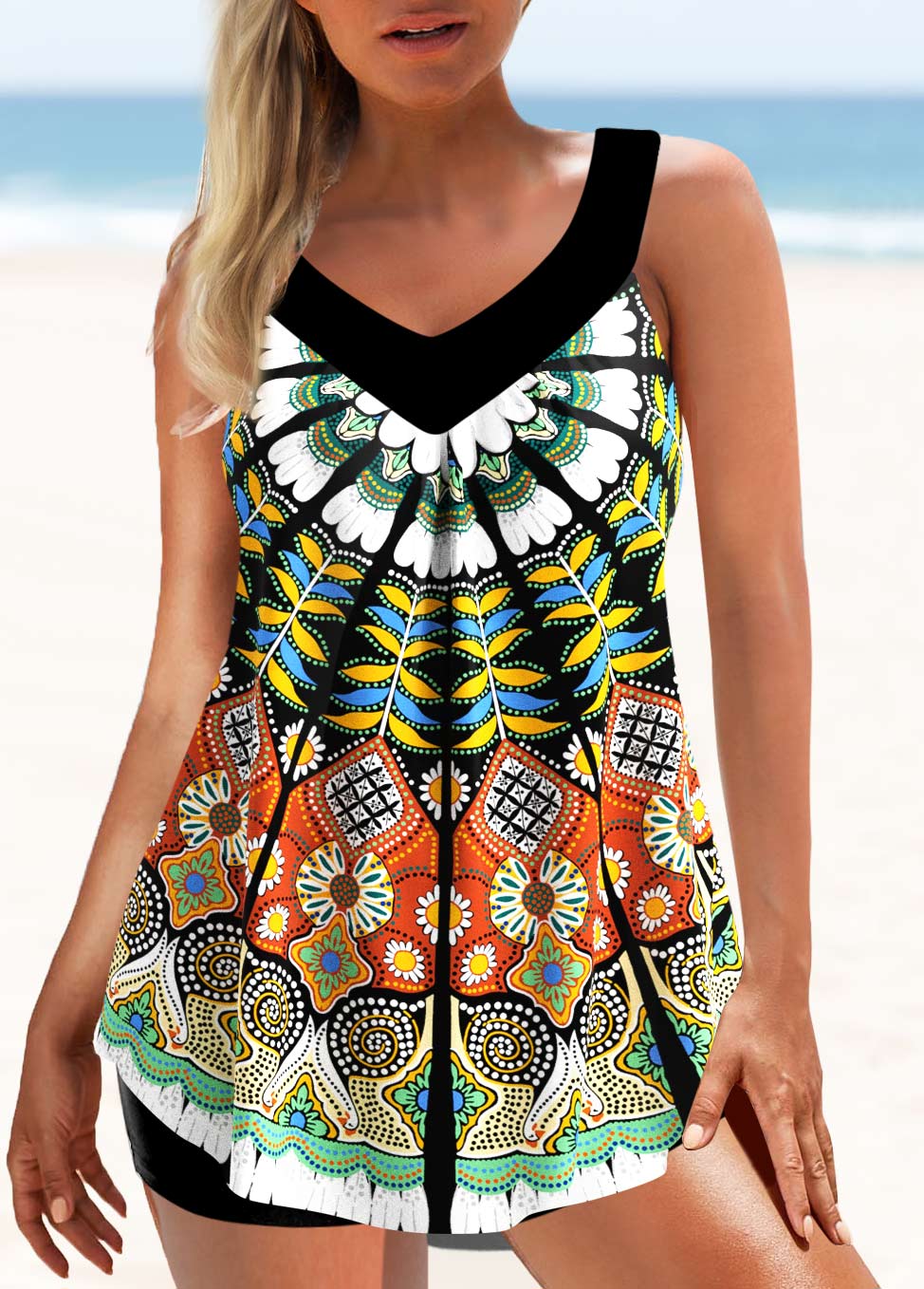 Multi Color swimwear,Tribal swimwear,ROTITA Multi Color Wide Strap Tribal Print Tankini Top