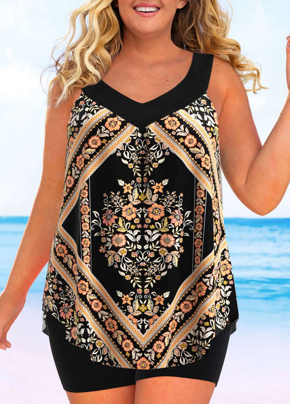 ROTITA Plus Size Gold Floral Print Tankini Top-No Bottom