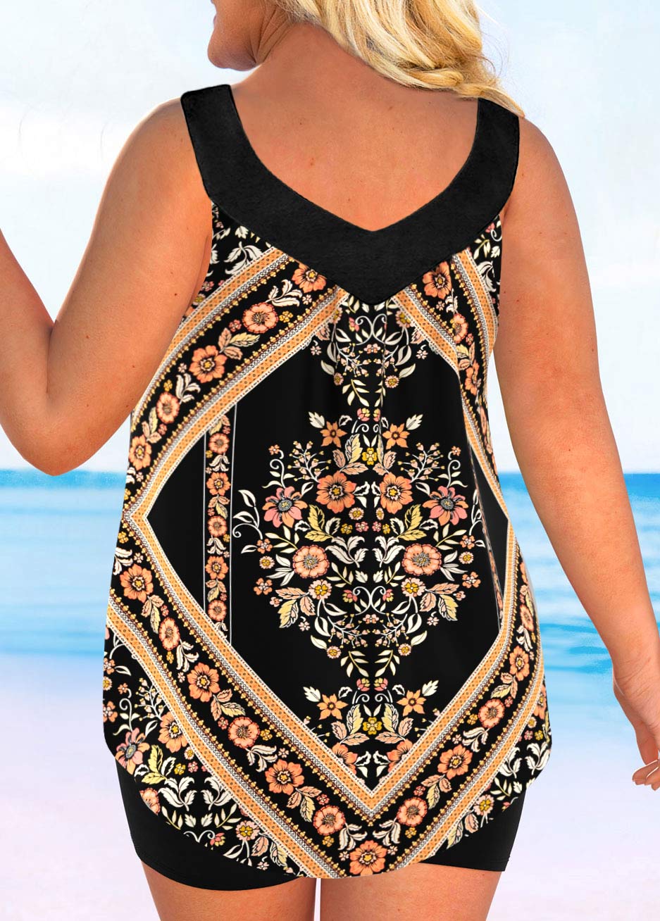 Gold swimwear,Tribal swimwear,ROTITA Curved Hem Wide Strap Floral Print Tankini Top