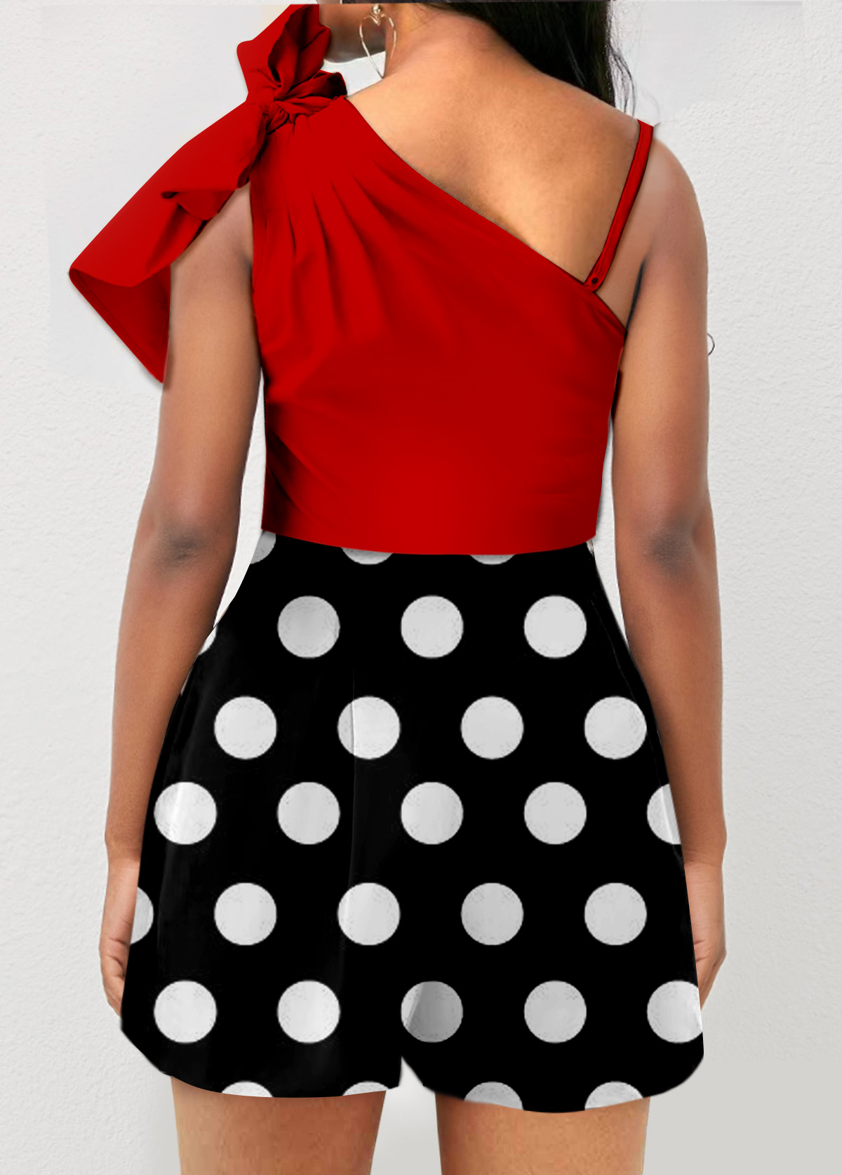 Red jumpsuits & rompers,Dot jumpsuits & rompers,ROTITA Polka Dot Bowknot Red Asymmetric Design Romper