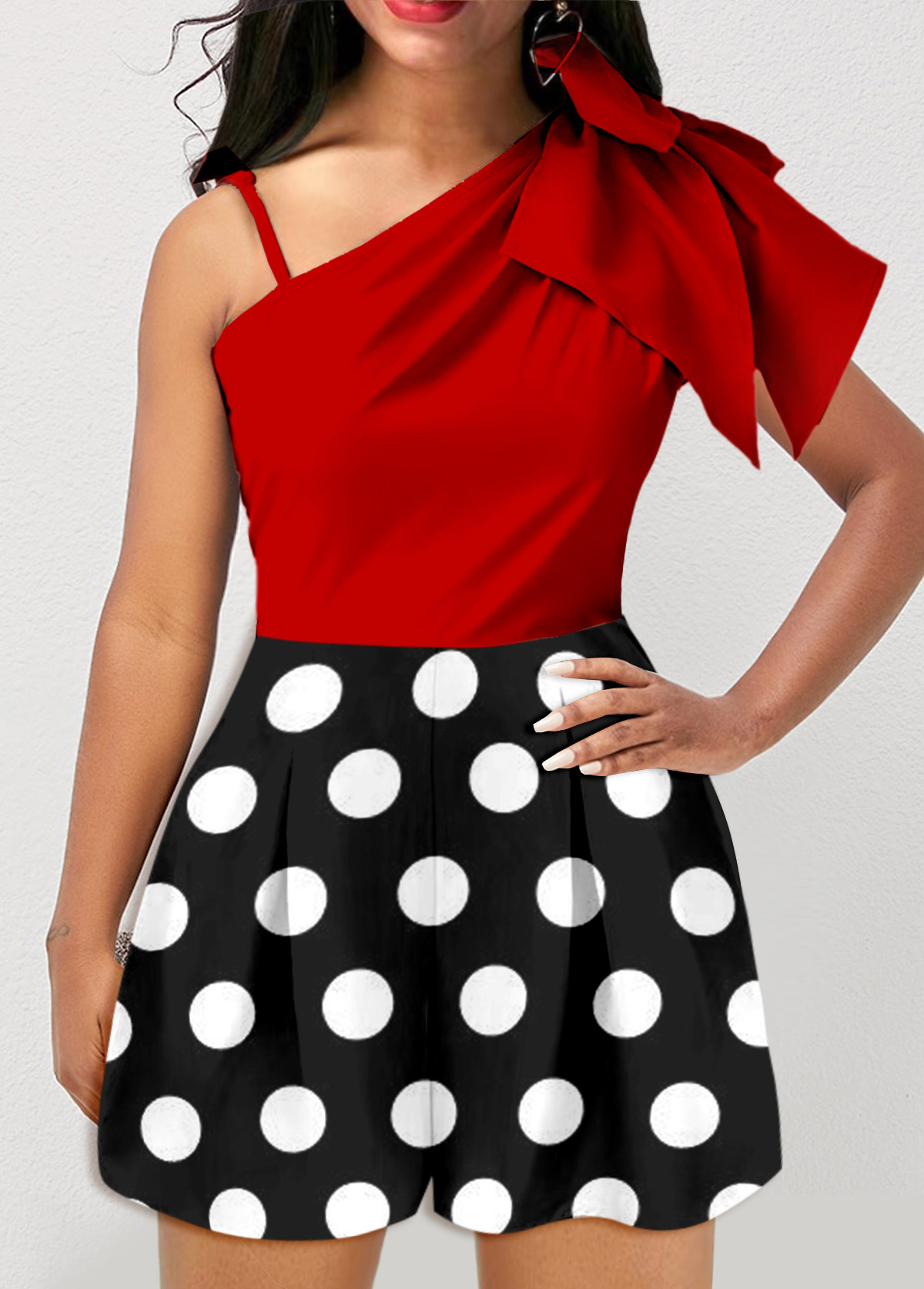 Red jumpsuits & rompers,Dot jumpsuits & rompers,ROTITA Polka Dot Bowknot Red Asymmetric Design Romper