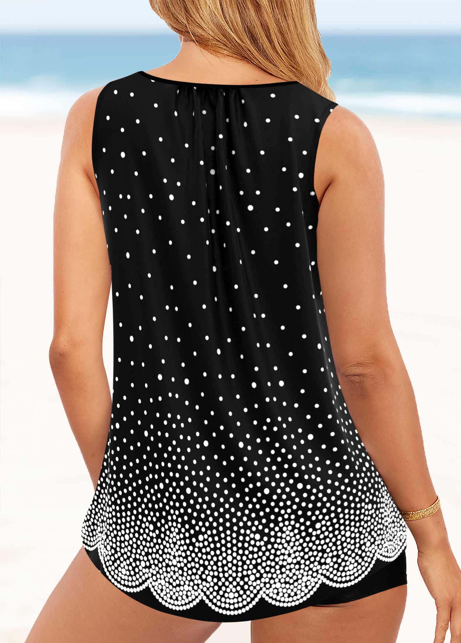 Black swimwear,Ombre swimwear,ROTITA Polka Dot Wide Strap Black Tankini Top
