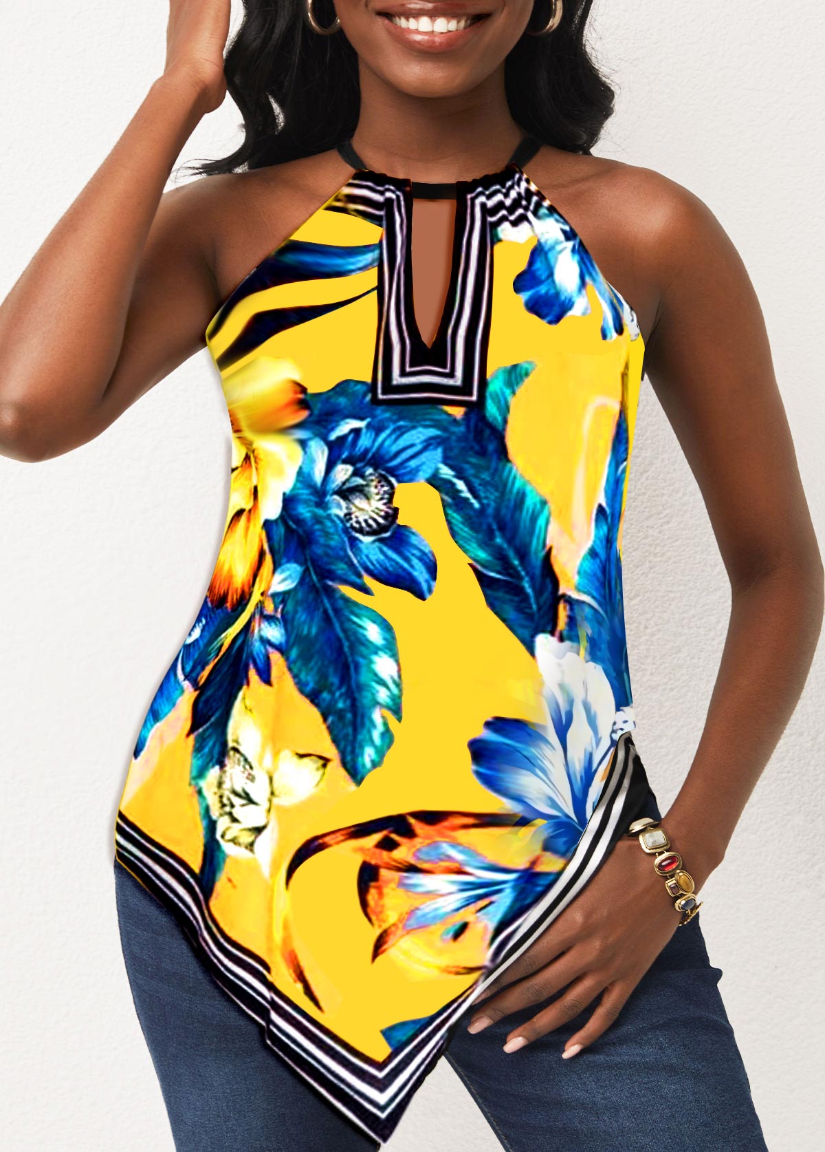 Yellow tops,Floral tops,ROTITA Yellow Asymmetric Hem Bib Neck Camisole Top