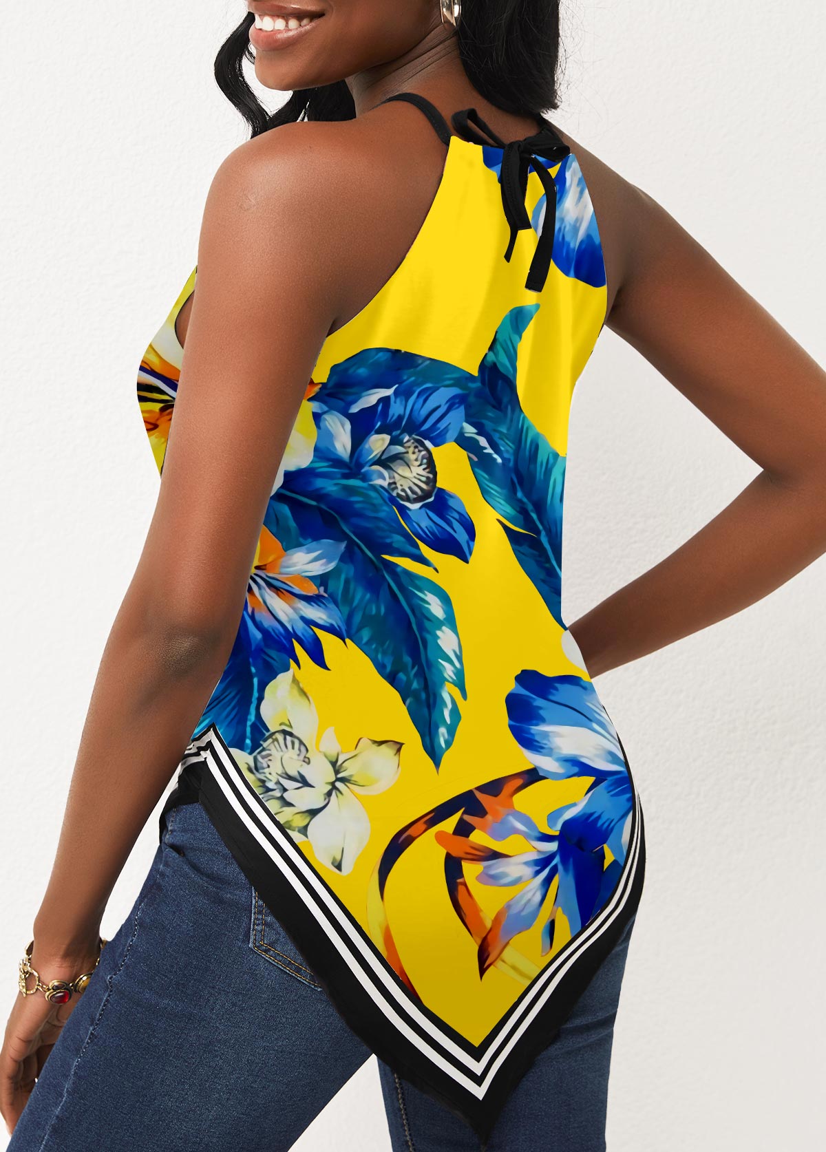 Yellow tops,Floral tops,ROTITA Yellow Asymmetric Hem Bib Neck Camisole Top