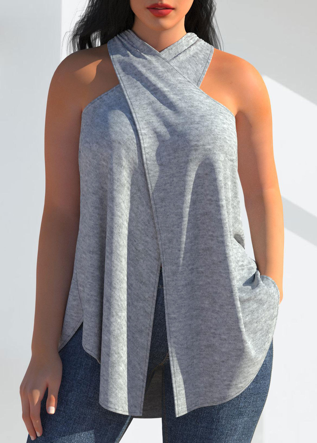 Grey tops,Plain Color tops,ROTITA Cross Halter Sleeveless Grey Tank Top