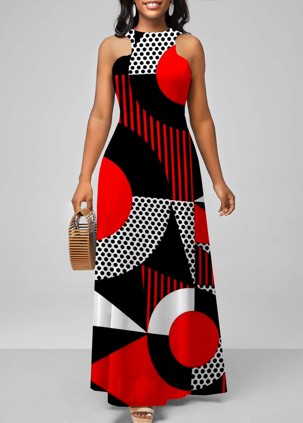 ROTITA Red Geometric Print Bib Neck Maxi Dress