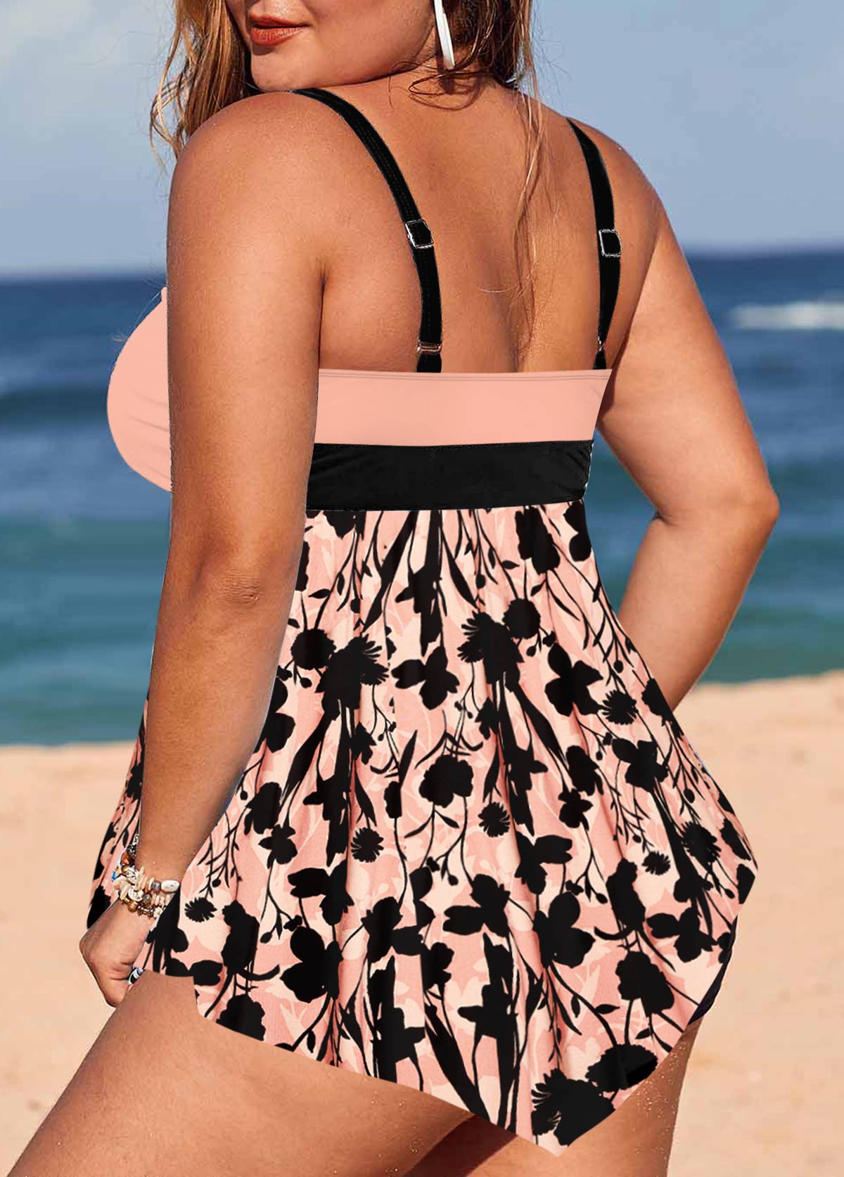 Floral plus size,ROTITA Incarnadine Pink Floral Print Plus Size Swimdress Top