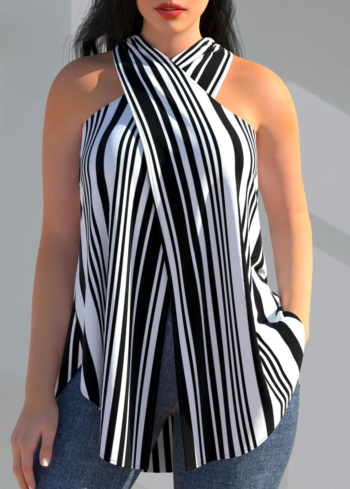 Black tops,Striped tops,ROTITA Cross Halter Striped Black Tank Top