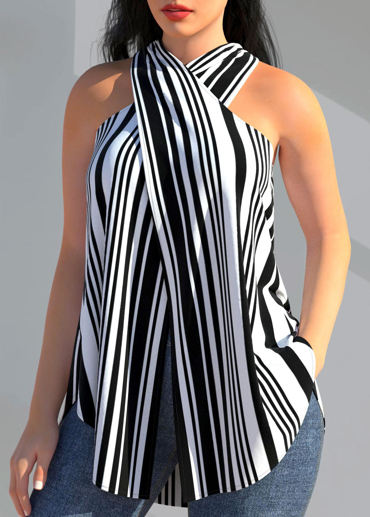 Black tops,Striped tops,ROTITA Cross Halter Striped Black Tank Top