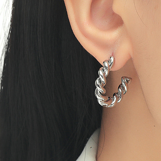C Shape Silver Metal Detail Earrings