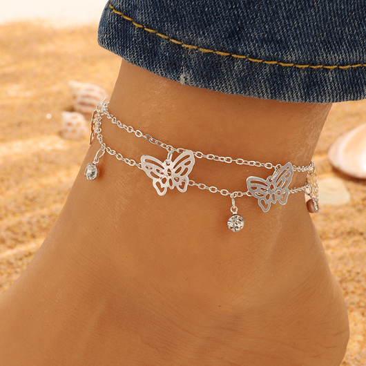 Butterfly Design Rhinestone Detail Silver Anklet