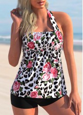 ROTITA Leopard Floral Print Halter Tankini Set 
