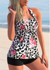 Multi Color swimwear,Floral swimwear,ROTITA Leopard Floral Print Halter Tankini Set 