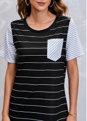 Black tops,Striped tops,Striped Pocket Short Sleeve Black T Shirt