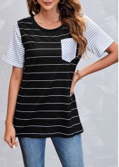 Black tops,Striped tops,Striped Pocket Short Sleeve Black T Shirt